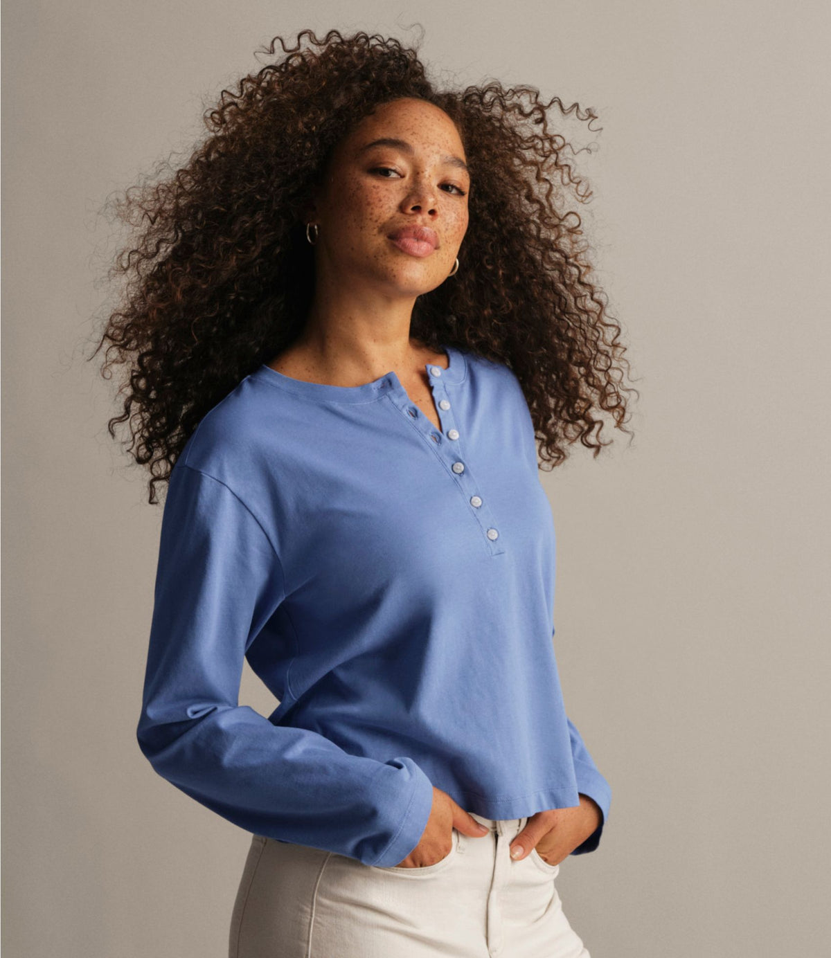 Women's Sunwashed Tee, Long-Sleeve Cropped Boxy Henley
