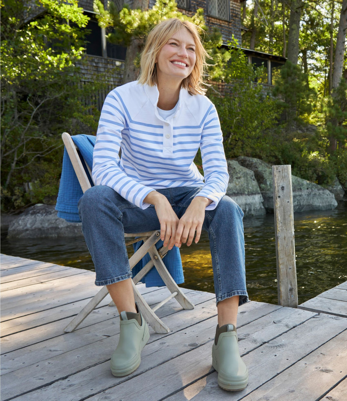 Women's Peaks Island Button Mockneck, Stripe