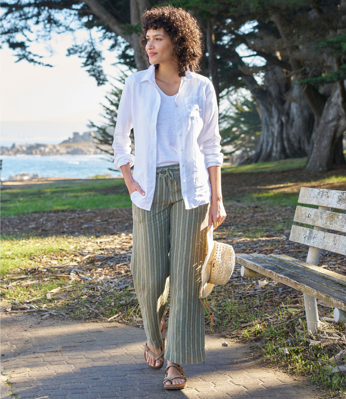 Women's Premium Washable Linen Pull-On Pants, Stripe