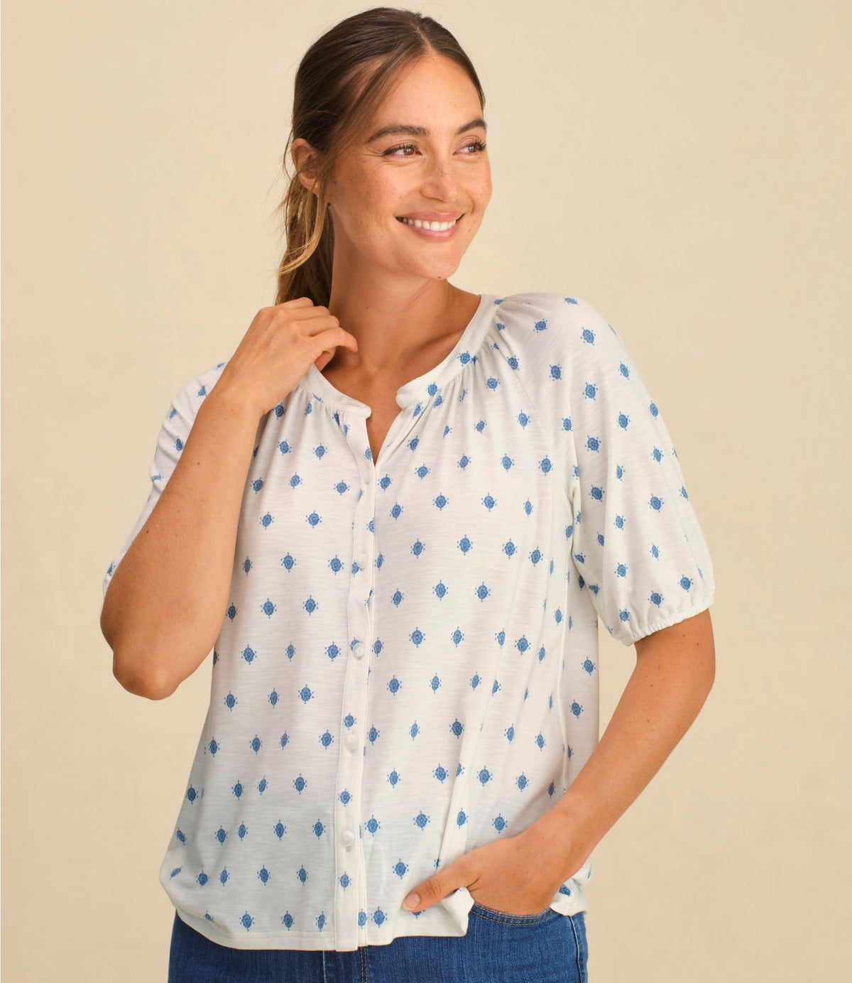 Women's Camden Hills Tee, Elbow-Sleeve Button-Front Shirt Print