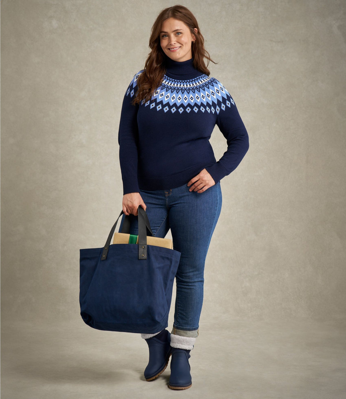 Women's Cotton/Cashmere Sweater, Turtleneck Fair Isle
