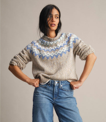 Women's Cotton Ragg Sweater, Relaxed Crewneck Fair Isle Yoke