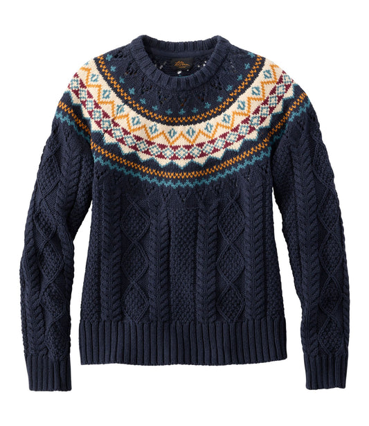 Women's Signature Cotton Fisherman Sweater, Crewneck Fair Isle