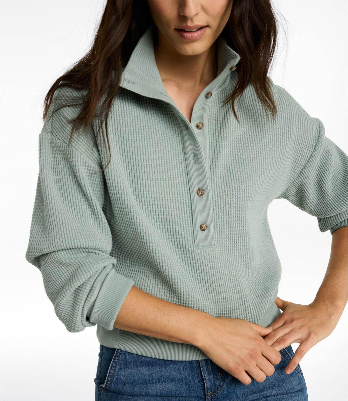 Women's Sunwashed Waffle Top, Mockneck Henley