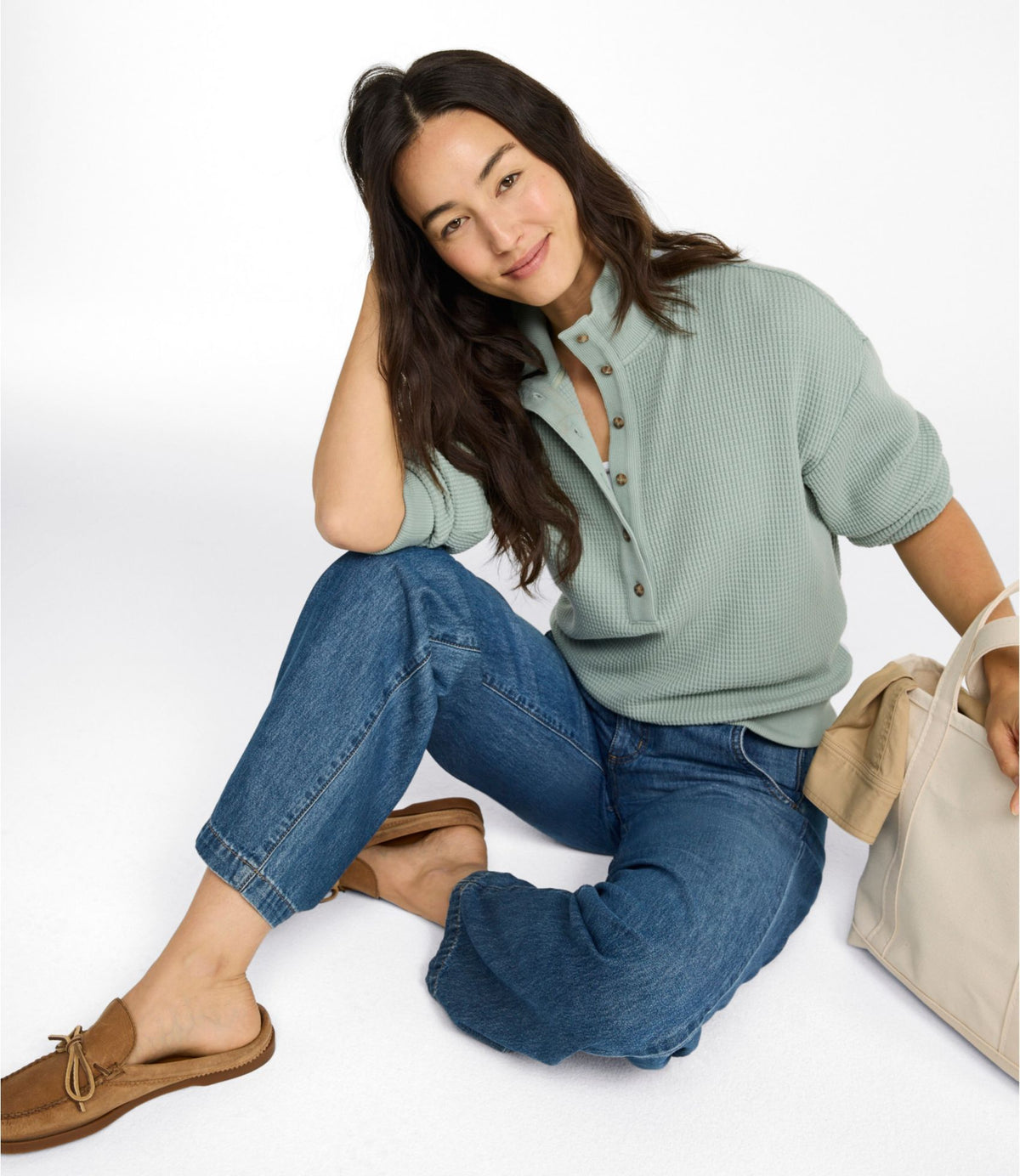 Women's Sunwashed Waffle Top, Mockneck Henley