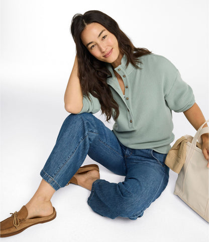 Women's Sunwashed Waffle Top, Mockneck Henley