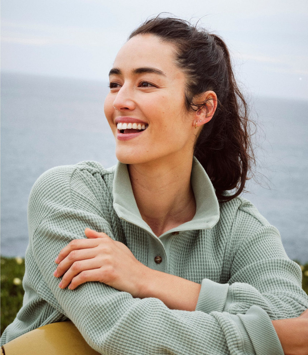 Women's Sunwashed Waffle Top, Mockneck Henley