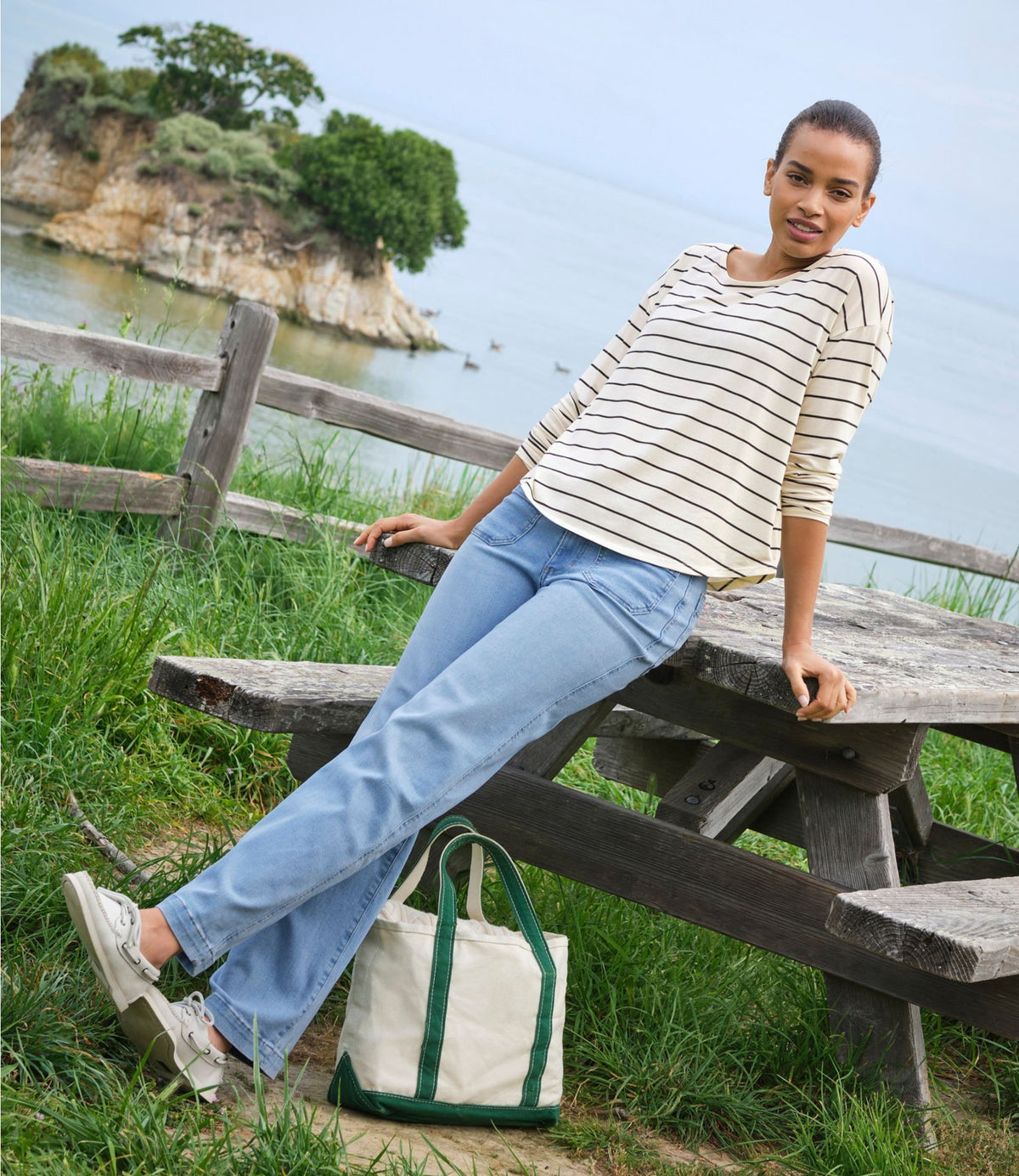 Women's Soft Stretch Supima-Blend Tee, Long Dolman-Sleeve Jewelneck Stripe