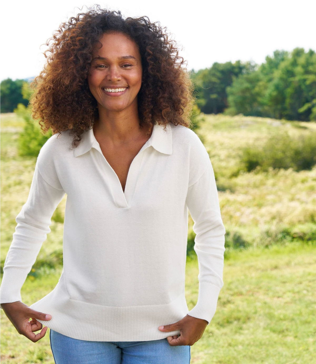 Women's Cotton/Cashmere Sweater, Polo