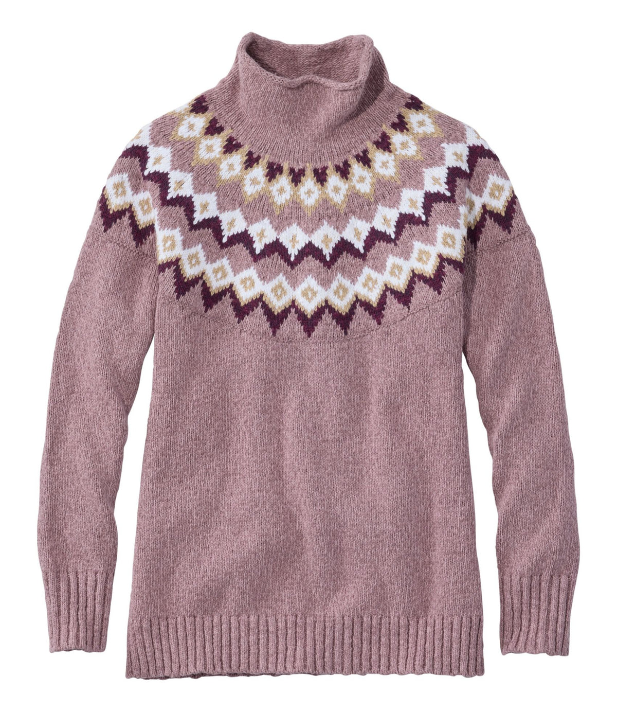 Women's Cotton Ragg Sweater, Funnelneck Pullover Fair Isle