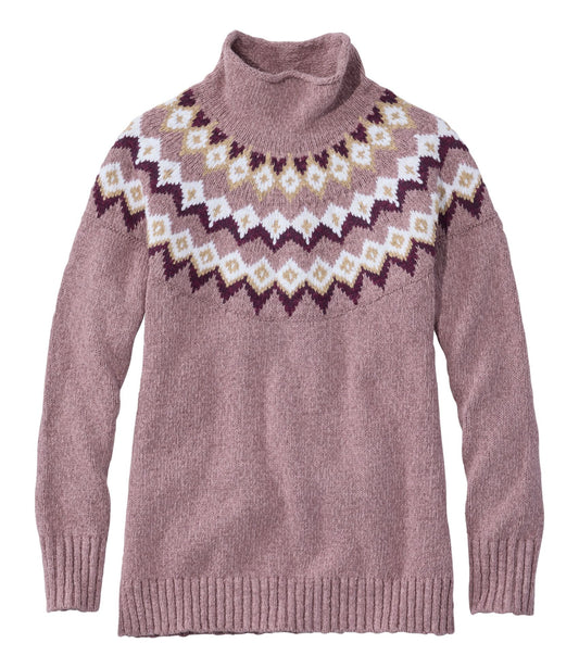 Women's Cotton Ragg Sweater, Funnelneck Pullover Fair Isle