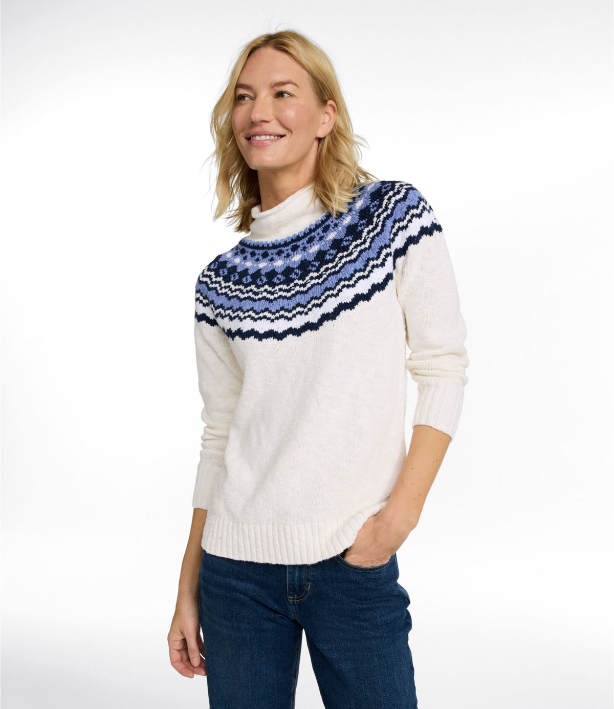 Women's Cotton Ragg Sweater, Funnelneck Pullover Fair Isle