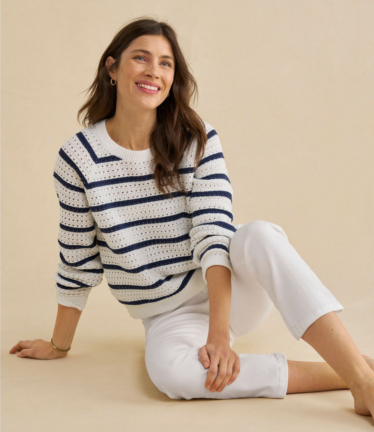 Women's Sunwashed Openwork Sweater, Crewneck Stripe