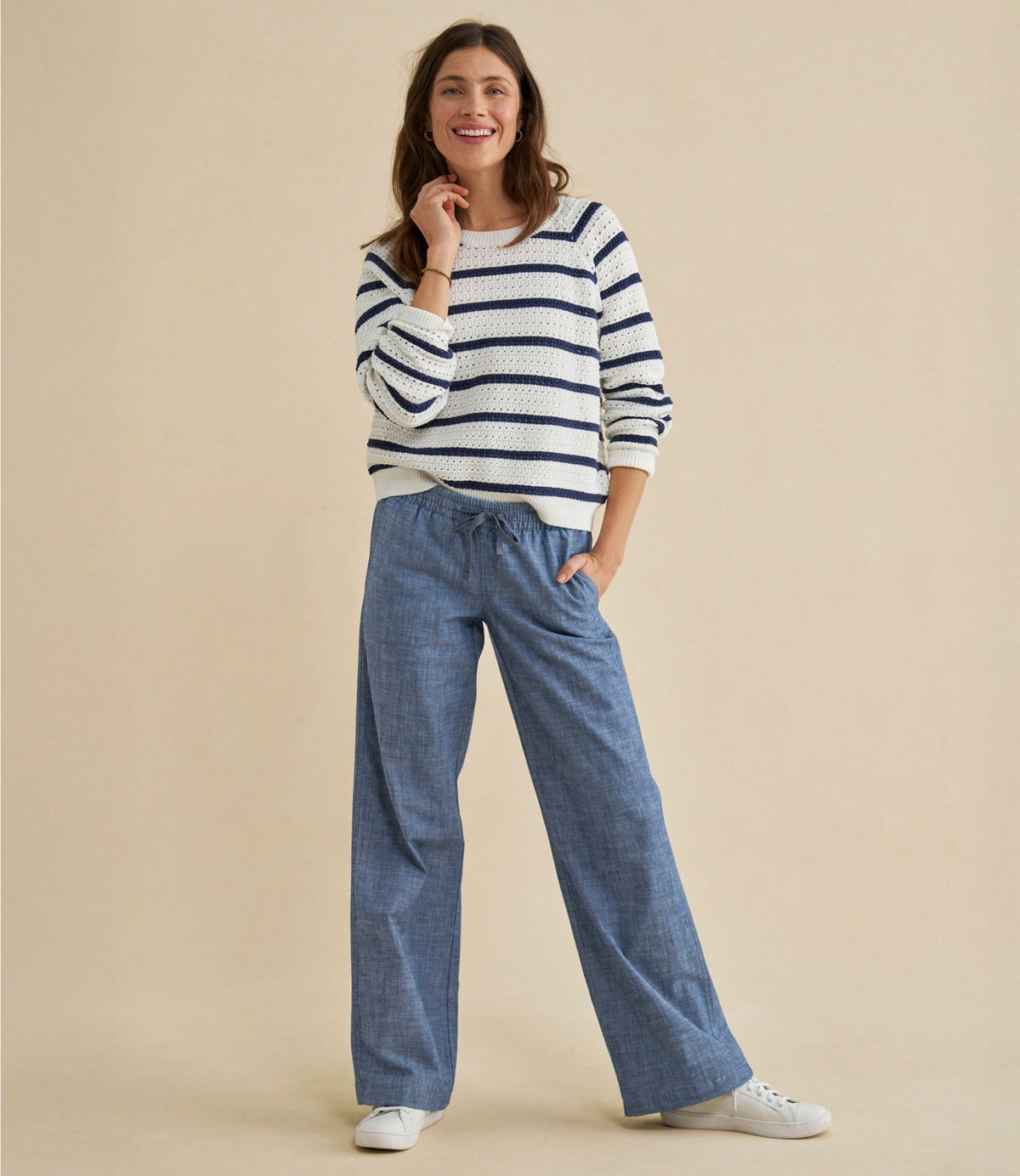 Women's Sunwashed Openwork Sweater, Crewneck Stripe
