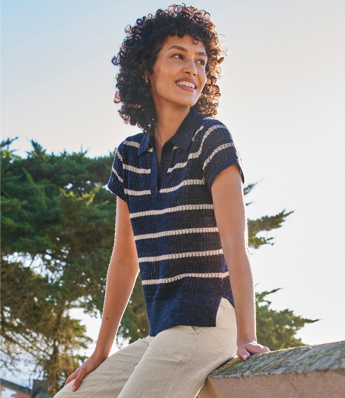 Women's Organic Cotton Slub Pointelle Sweater, Polo