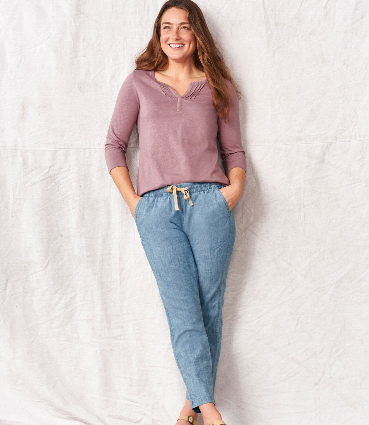 Women's Lakewashed Pull-On Chinos, Mid-Rise Chambray Ankle Pants