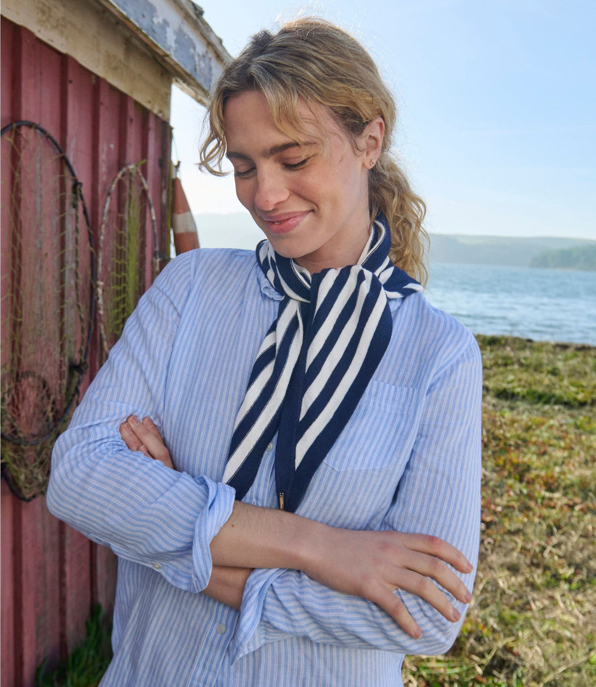 Women's Cotton/Cashmere Knit Triangle Scarf, Striped