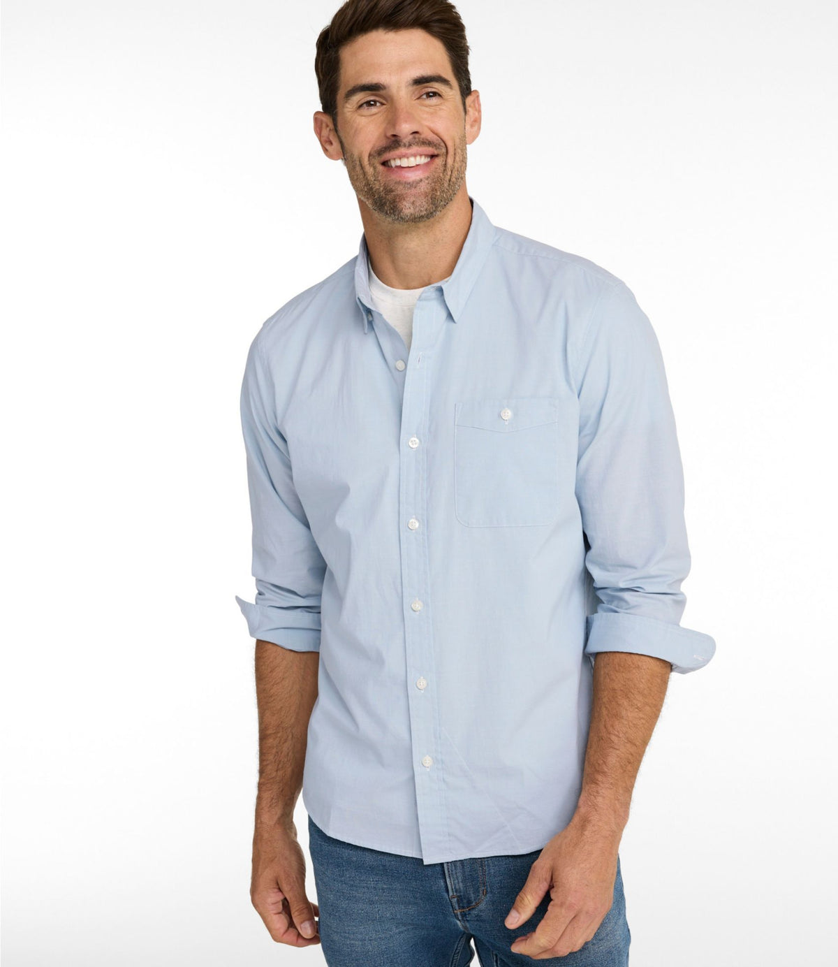 Men's Comfort Stretch Performance® Chambray Shirt, Long-Sleeve, Slightly Fitted Untucked Fit