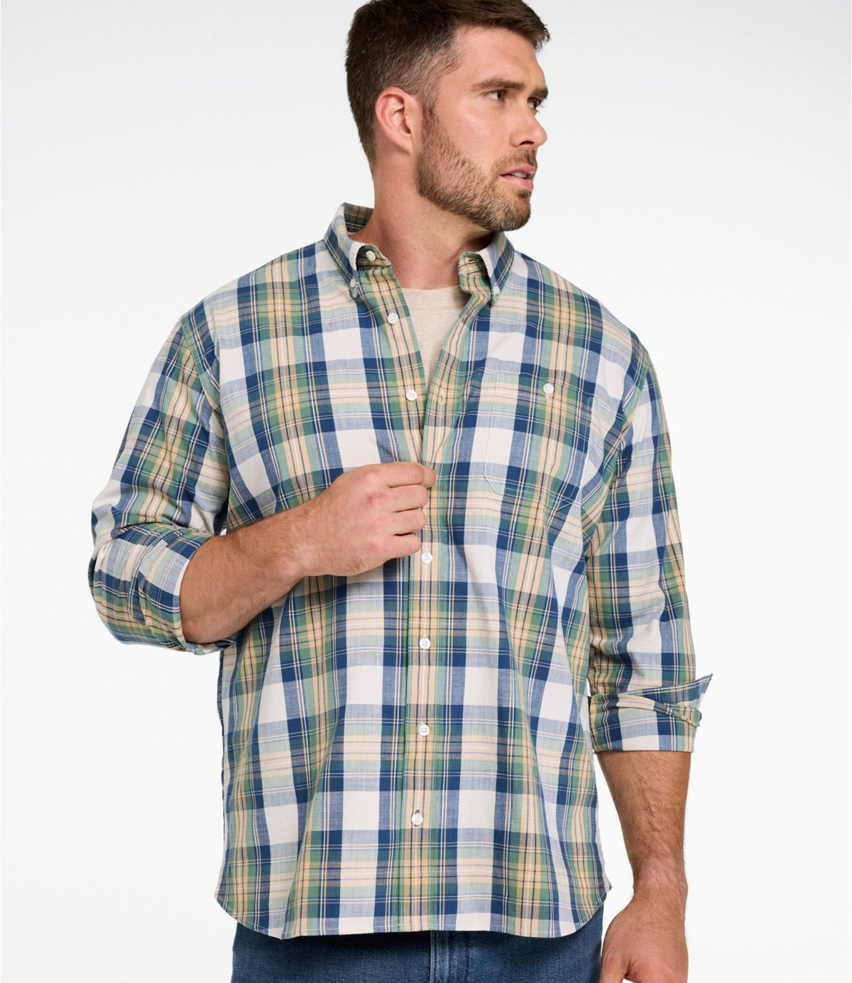Men's Comfort Stretch® Chambray Shirt, Traditional Untucked Fit, Long-Sleeve, Print