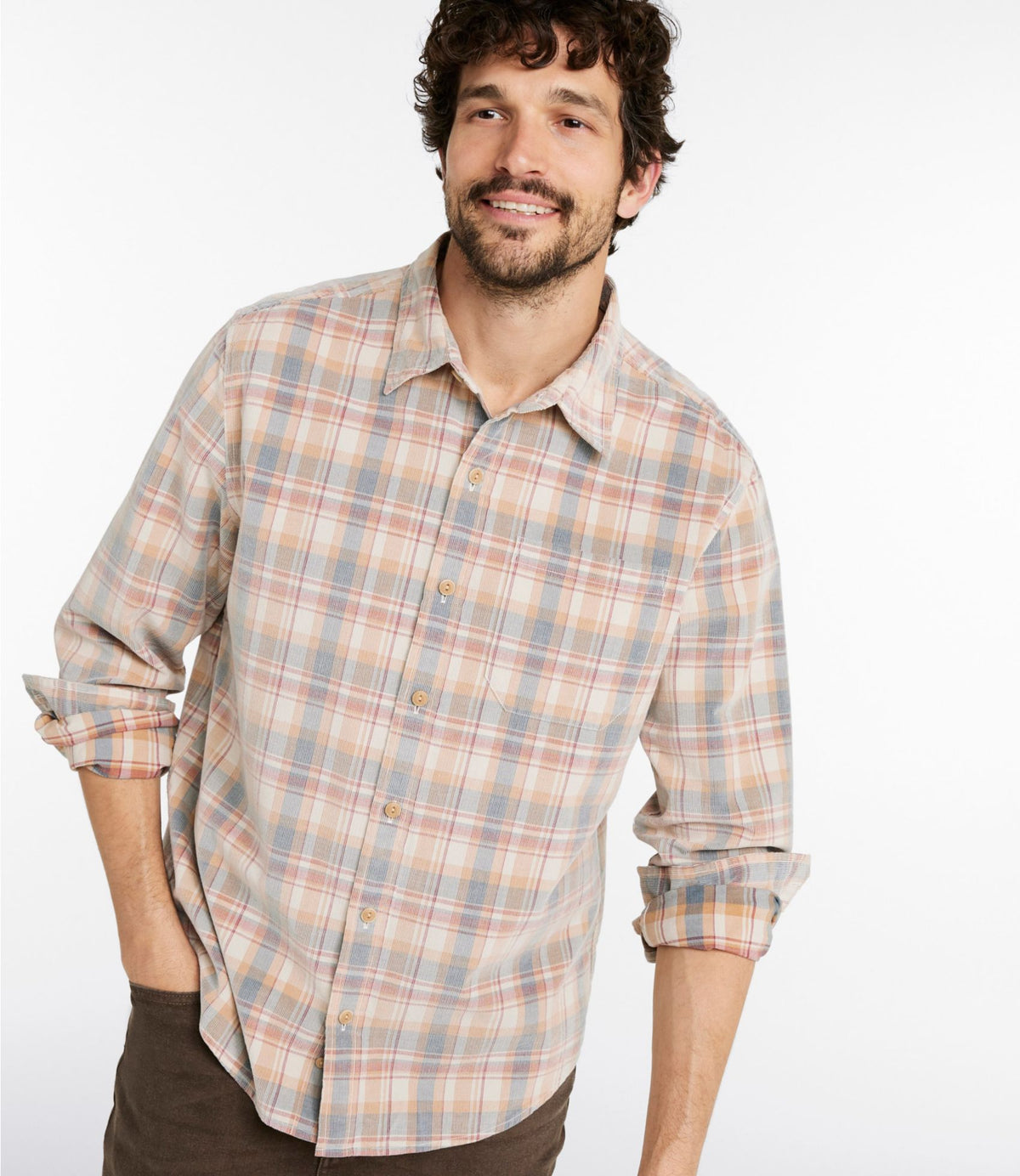 Men's Sunwashed Corduroy Shirt, Slightly Fitted Untucked Fit, Plaid