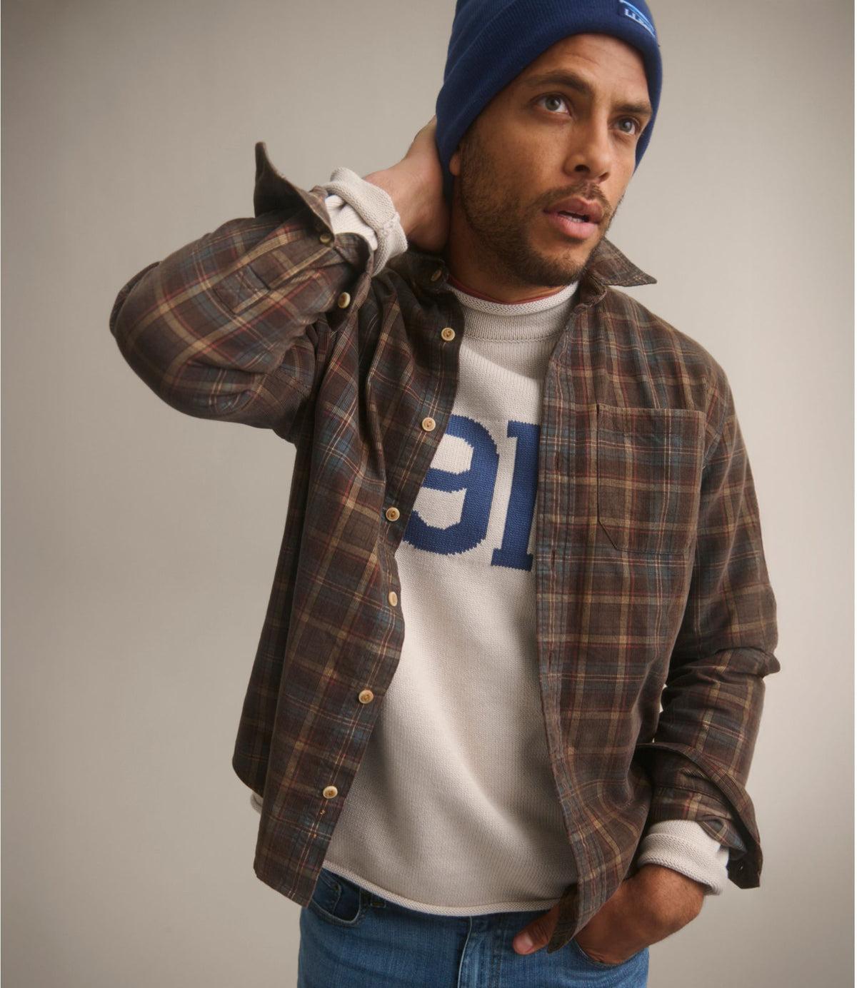 Men's Sunwashed Corduroy Shirt, Slightly Fitted Untucked Fit, Plaid