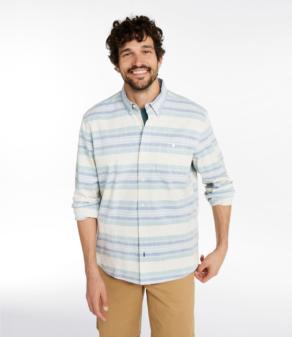 Men's Comfort Stretch Chambray Shirt, Traditional Untucked Fit, Long-Sleeve, Stripe