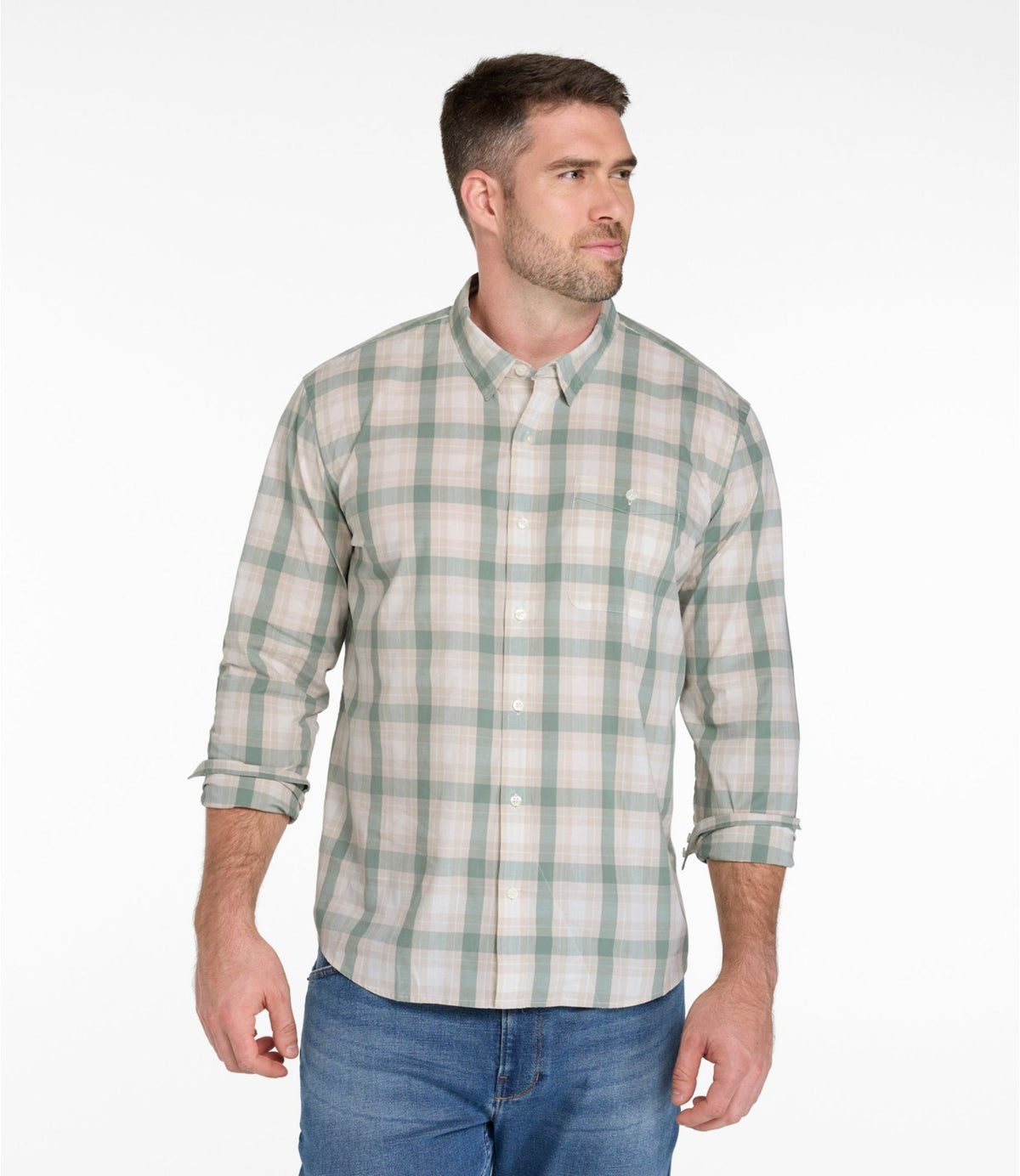 Men's Comfort Stretch Performance® Chambray Shirt, Long-Sleeve, Slightly Fitted Untucked Fit, Plaid