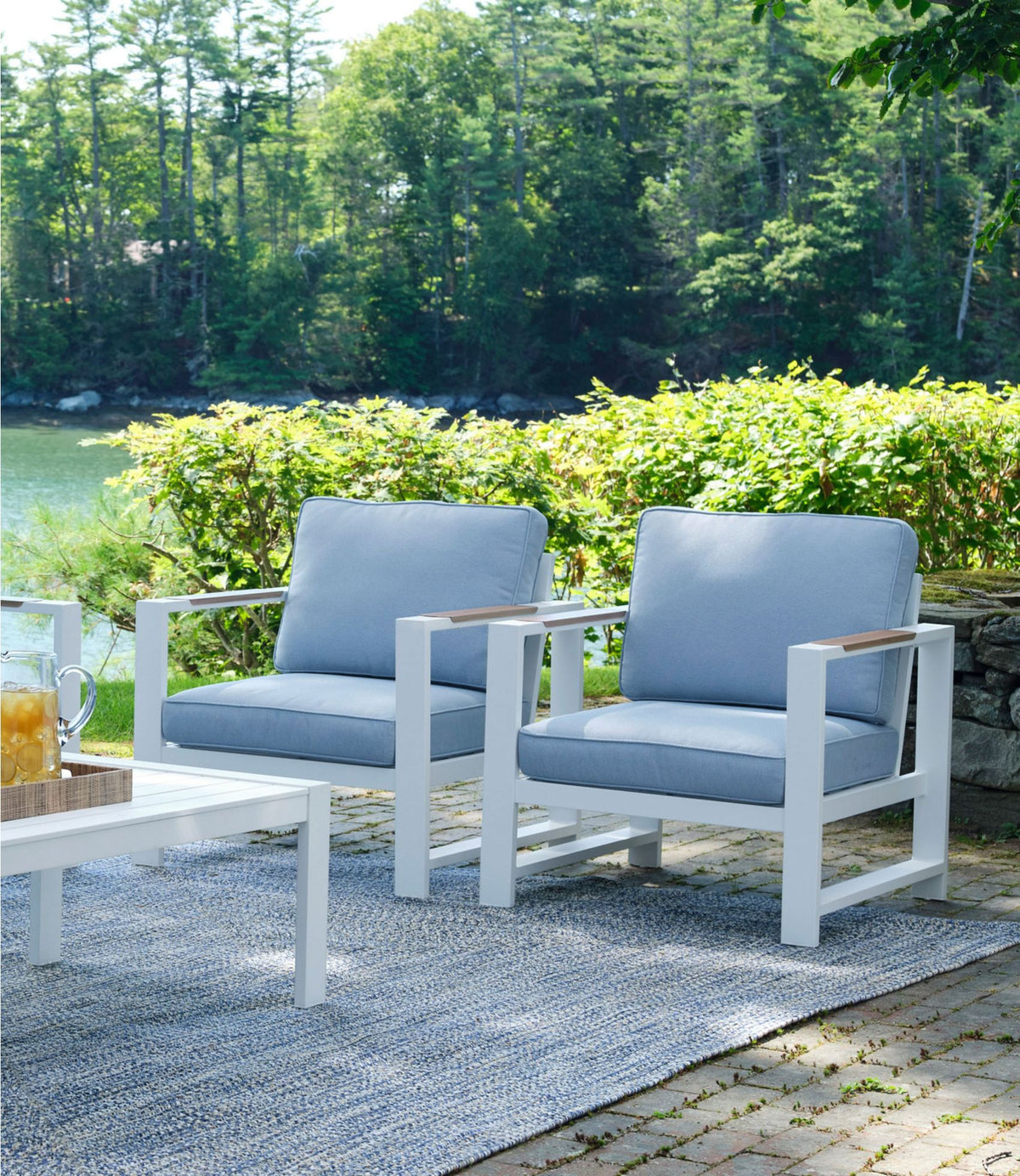 White Aluminum Deep Seating Armchair with Blue Cushions, Set of Two