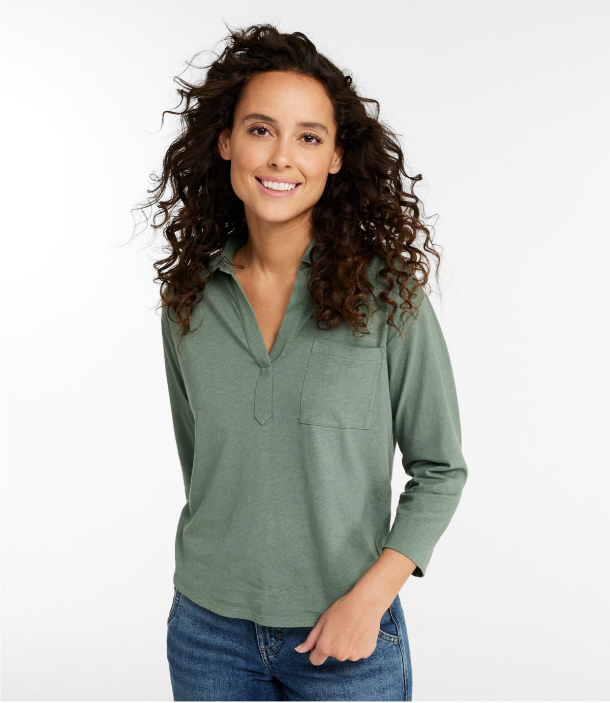 Women's Lakeside Linen/Cotton Tee, Three-Quarter-Sleeve Splitneck Polo
