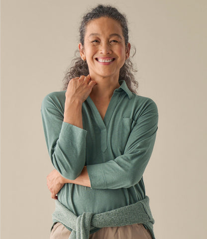 Women's Lakeside Linen/Cotton Tee, Three-Quarter-Sleeve Splitneck Polo