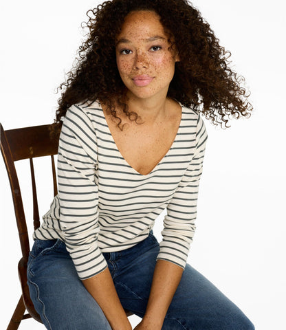 Women's Pima Cotton Tee, Long-Sleeve Open V-Neck Stripe
