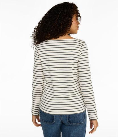Women's Pima Cotton Tee, Long-Sleeve Open V-Neck Stripe