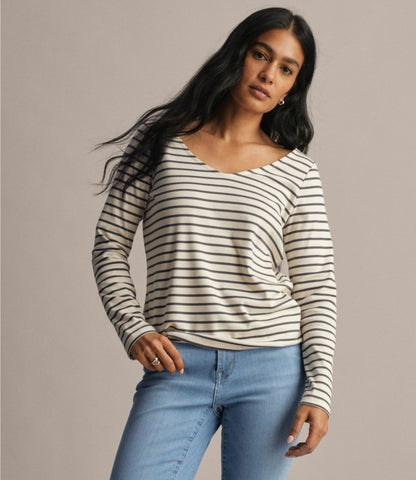 Women's Pima Cotton Tee, Long-Sleeve Open V-Neck Stripe