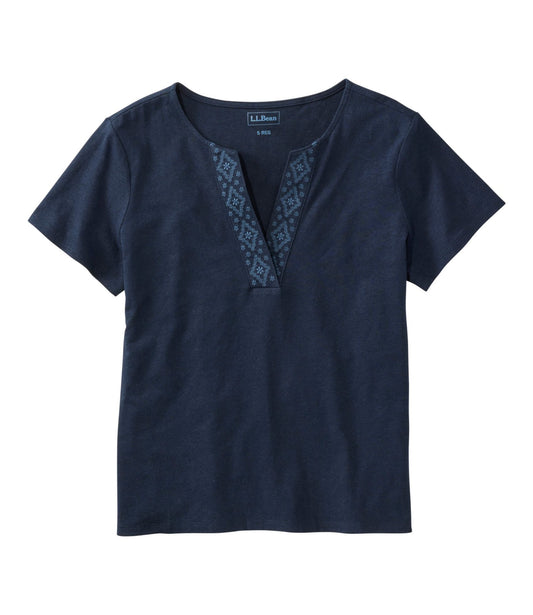 Women's Lakeside Linen/Cotton Tee, Short-Sleeve Embroidered Splitneck