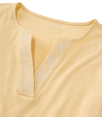 Women's Lakeside Linen/Cotton Tee, Short-Sleeve Embroidered Splitneck