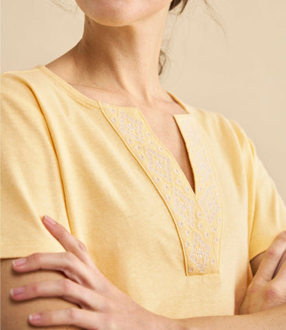 Women's Lakeside Linen/Cotton Tee, Short-Sleeve Embroidered Splitneck