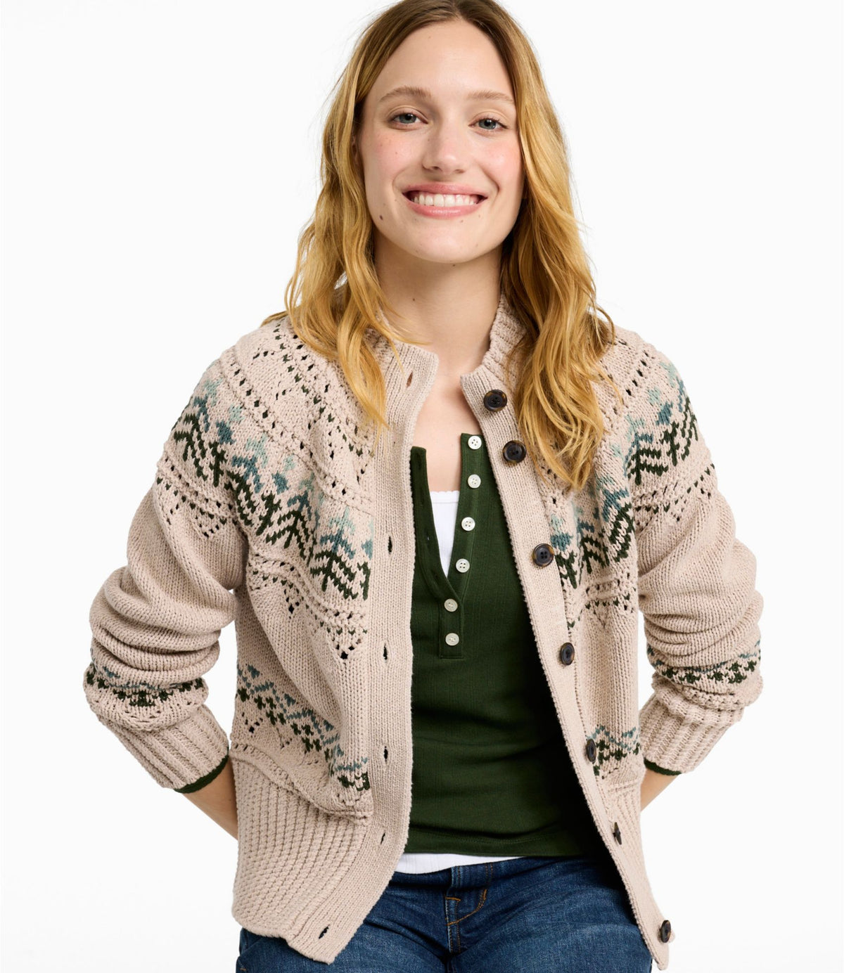 Women's Signature Cotton Fisherman Sweater, Short Cardigan Fair Isle