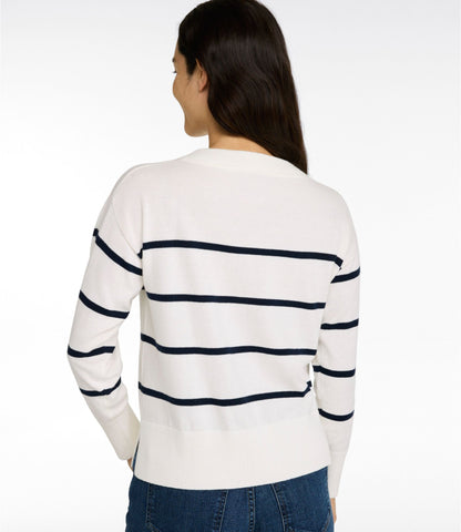 Women's Cotton/Cashmere Sweater, V-Neck Stripe