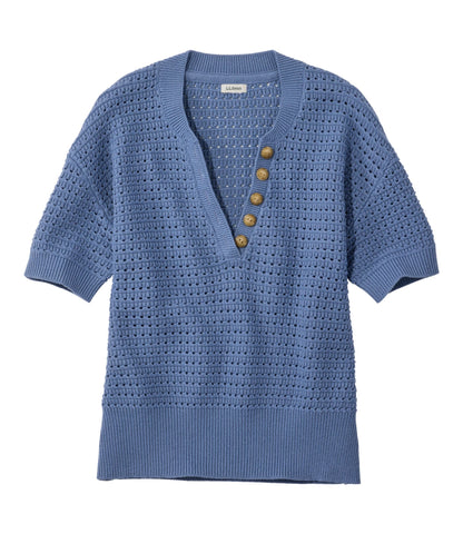 Women's Sunwashed Openwork Sweater, Short-Sleeve Henley