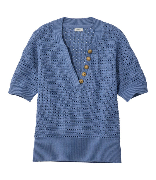 Women's Sunwashed Openwork Sweater, Short-Sleeve Henley