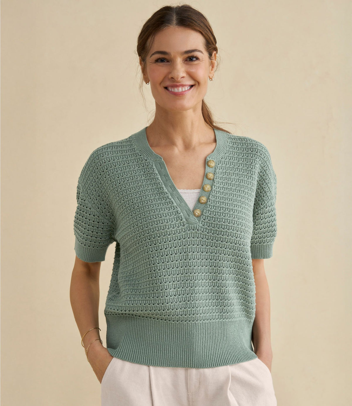Women's Sunwashed Openwork Sweater, Short-Sleeve Henley