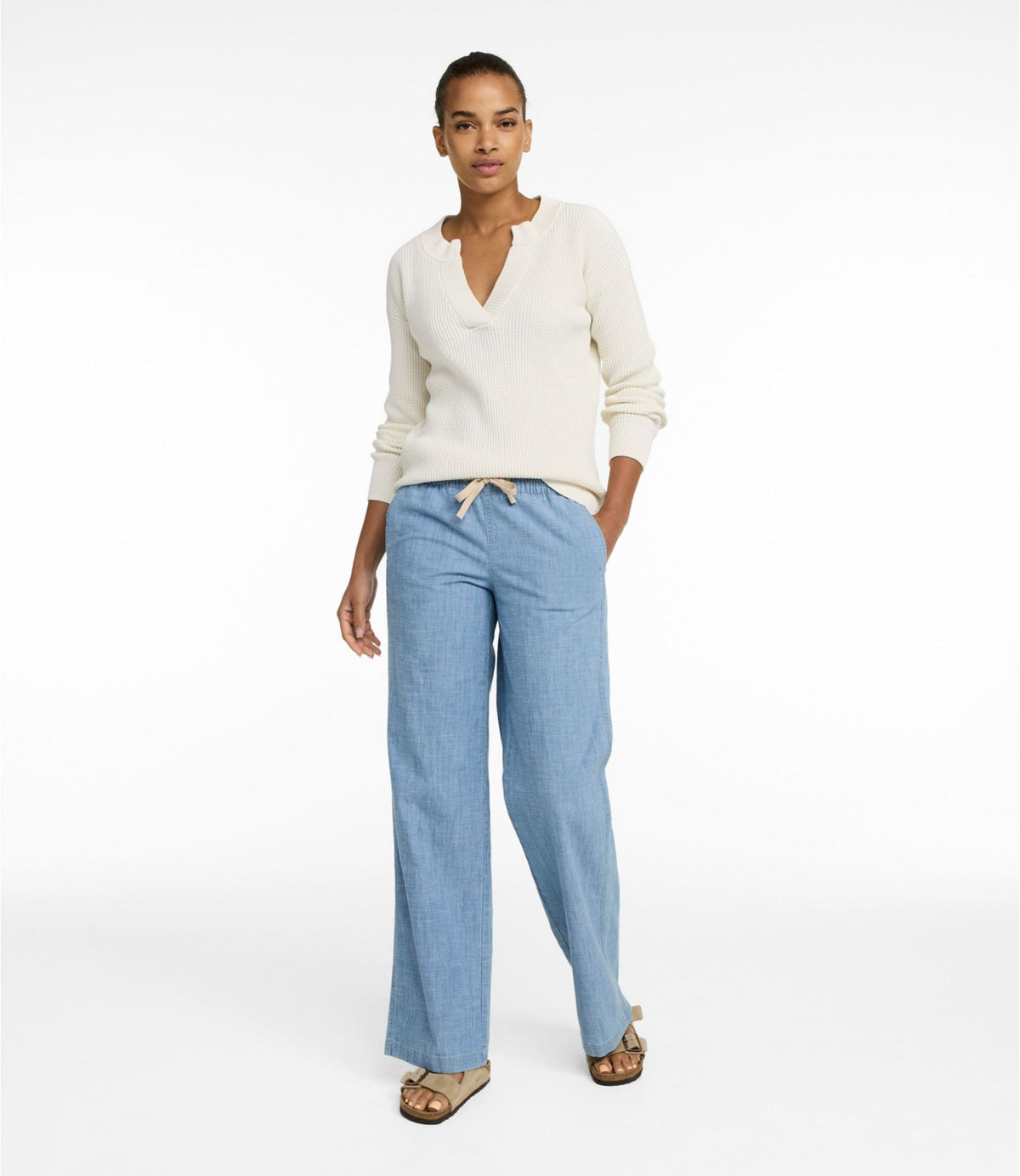 Women's Lakewashed Pull-On Chinos, Mid-Rise Wide-Leg Chambray