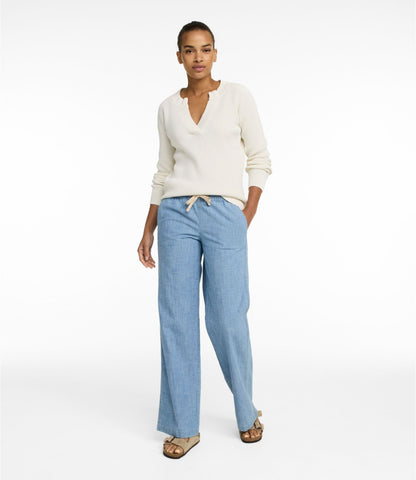 Women's Lakewashed Pull-On Chinos, Mid-Rise Wide-Leg Chambray