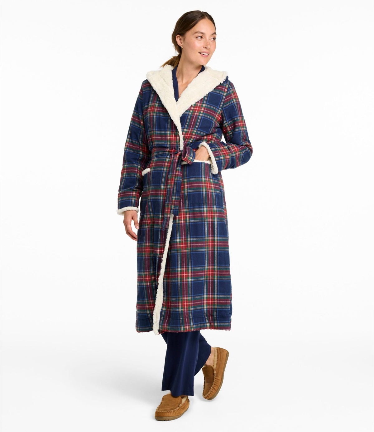 Women's Scotch Plaid Flannel Robe, Sherpa-Lined Long