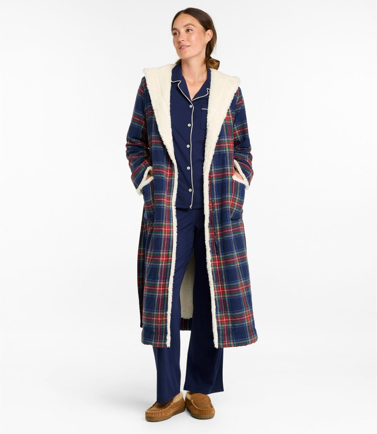 Women's Scotch Plaid Flannel Robe, Sherpa-Lined Long