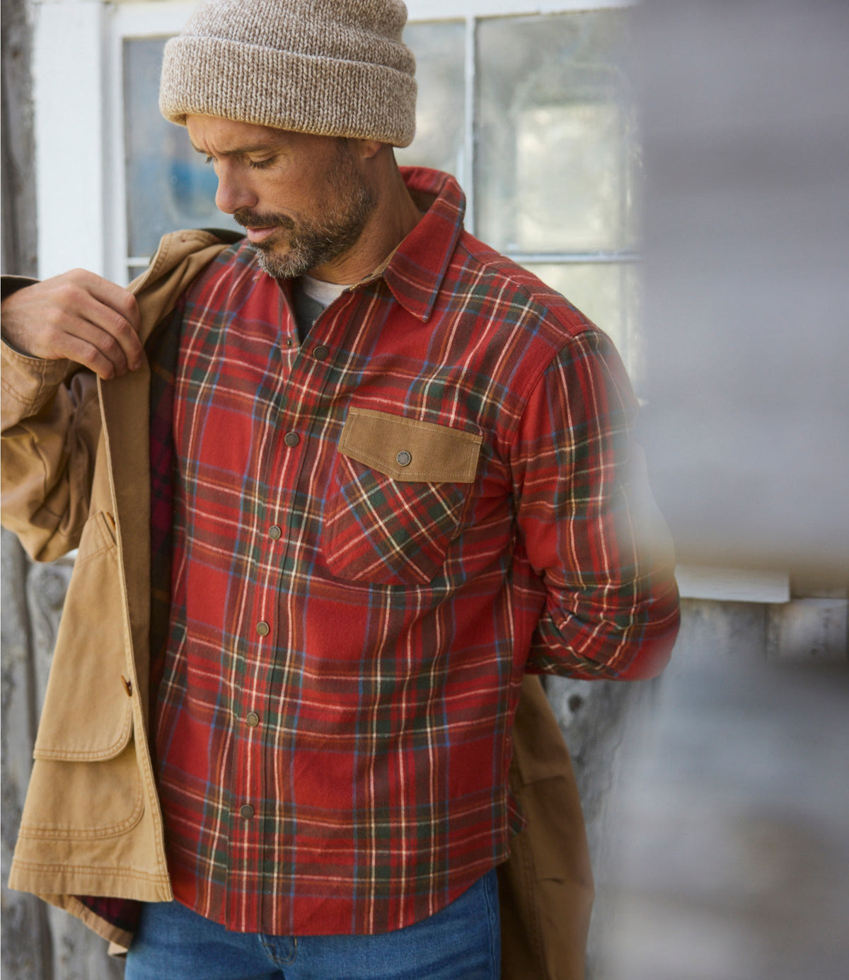 Men's Scotch Plaid Flannel Shirt, Snap-Front, Slightly Fitted Untucked Fit