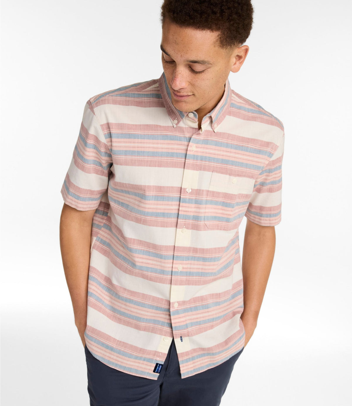 Men's Comfort Stretch Chambray Shirt, Traditional Untucked Fit, Short-Sleeve, Stripe