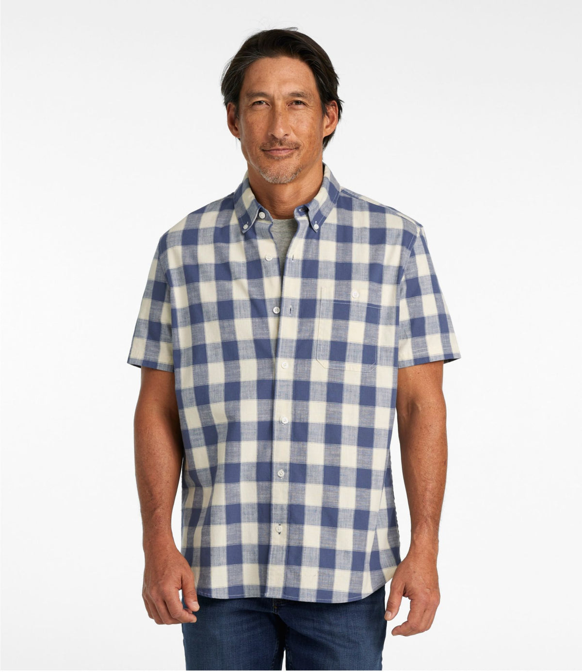 Men's Comfort Stretch® Chambray Shirt, Slightly Fitted Untucked Fit, Short-Sleeve, Plaid