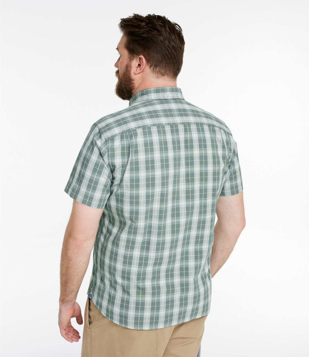 Men's Comfort Stretch® Chambray Shirt, Slightly Fitted Untucked Fit, Short-Sleeve, Plaid