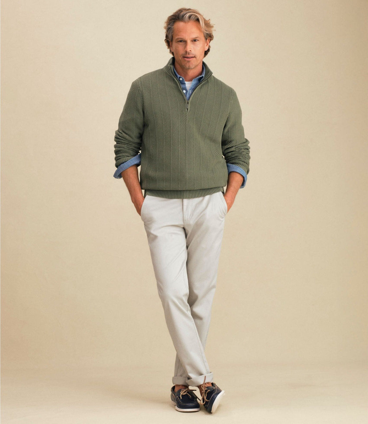 Men's Sunwashed Textured Cotton Sweater, Herringbone 1/4 Zip